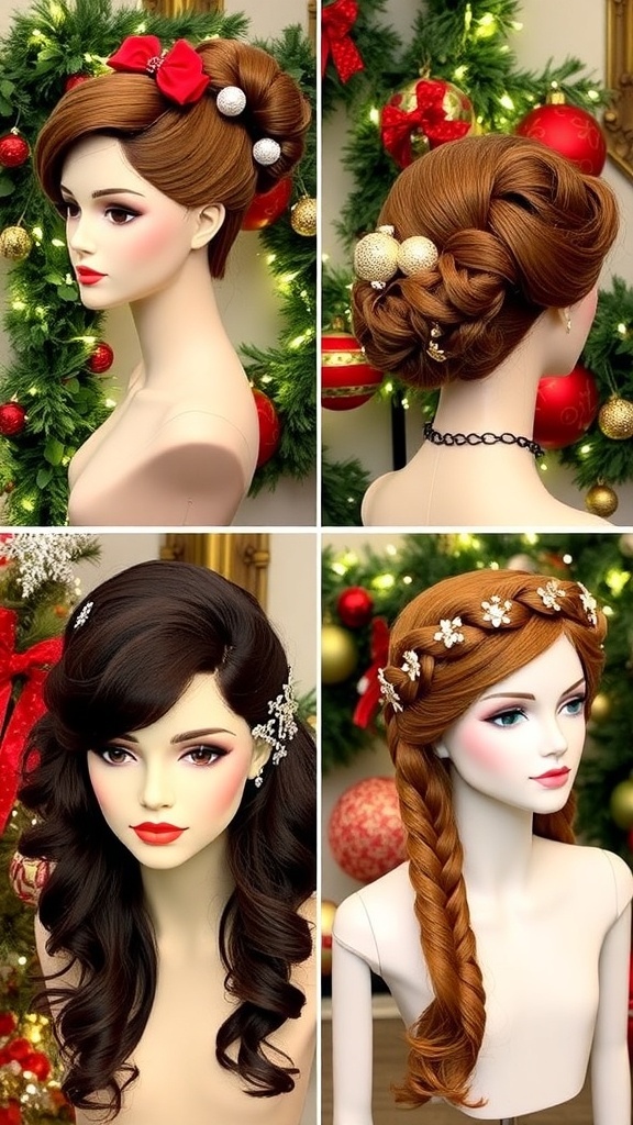 A collection of Christmas hairstyles with wigs, including an updo, loose curls, and a braided crown, set against a festive backdrop.